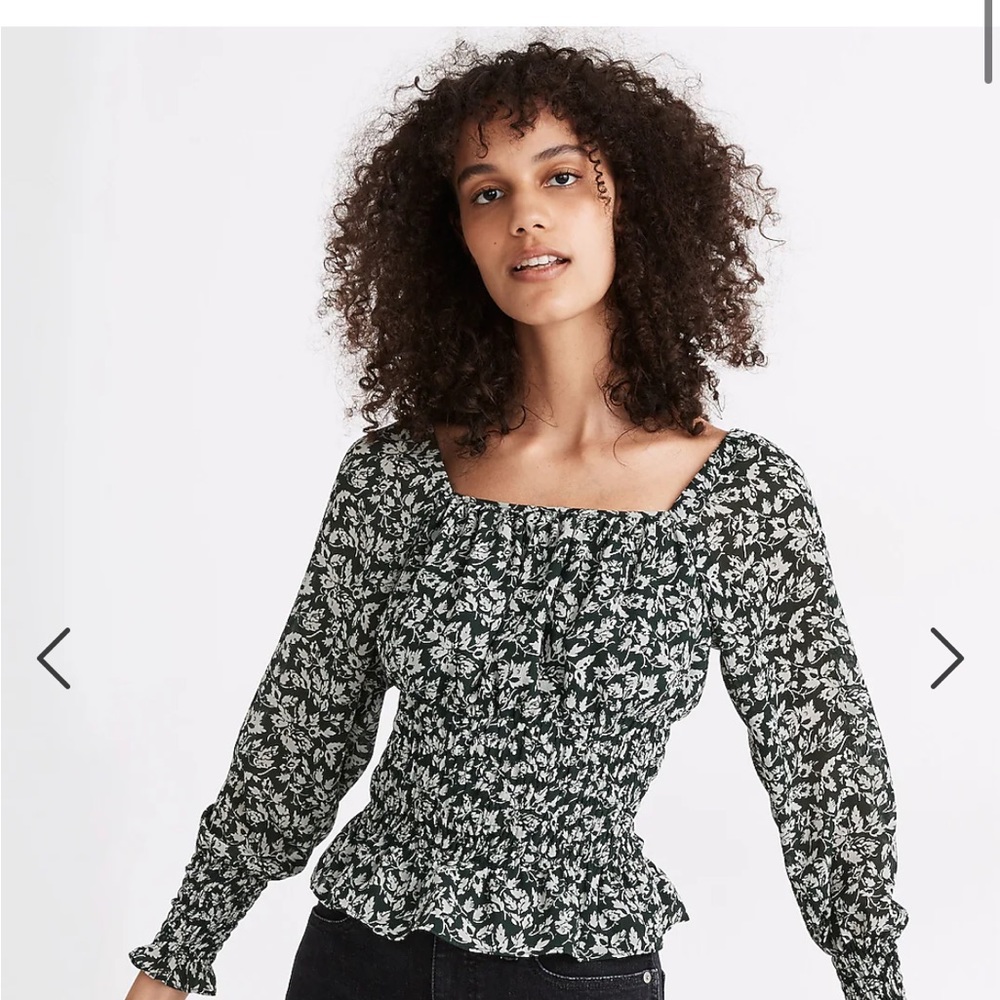 Madewell XS Georgette Square Neck Smock Waist Top in Forest Leaves